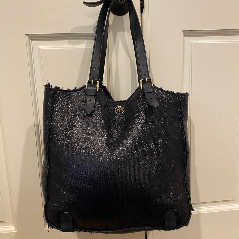 Tory Burch navy shearling tote
